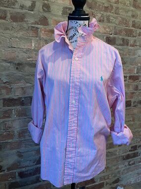 Custom reworked Ralph Lauren Pink/Blue Striped  ruffle collar w/raw hem shirt